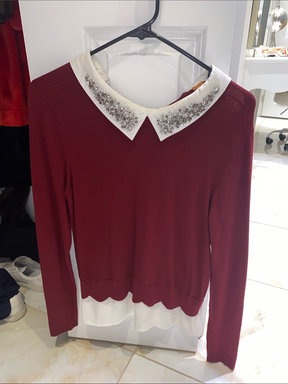 Bellini Burgundy Long Sleeve Sweater with Embellished White Peter Pan Collar